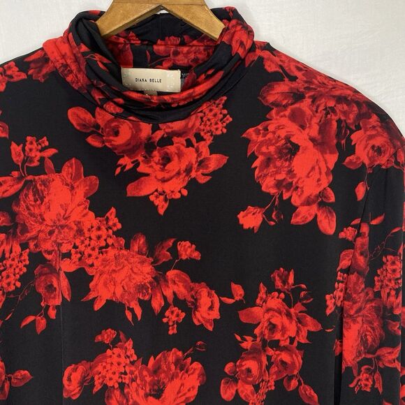 DIANA BELLE Blouse Floral Long Sleeve Turtleneck Stretch Womens XL Black Red - Picture 1 of 11